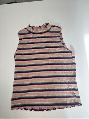 Striped Ruffle Mock Neck Sleeveless Top